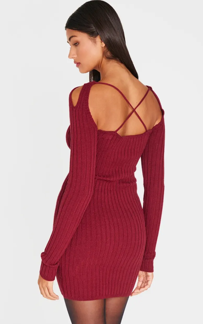 Pencere Detaylı Bordo Triko Mini Elbise