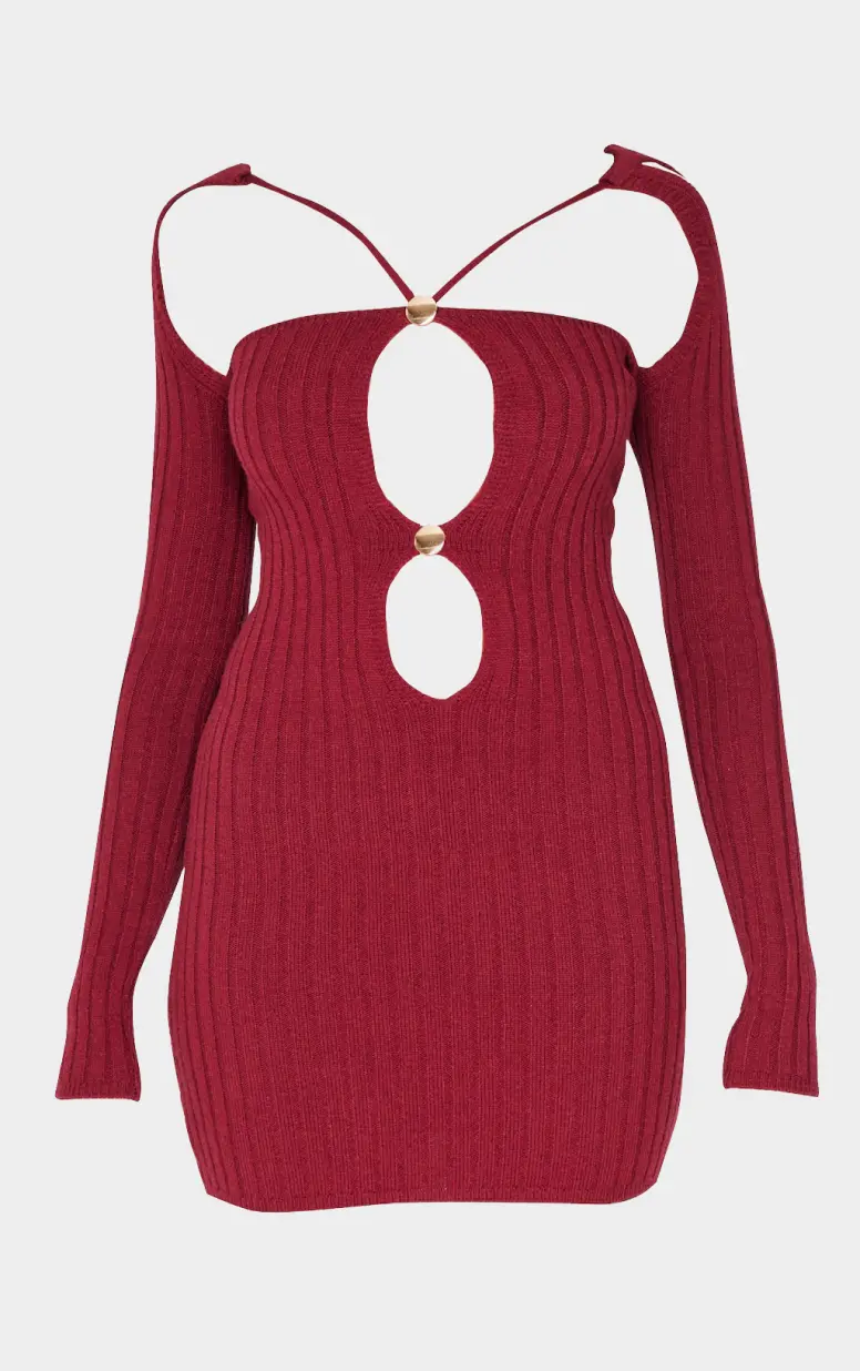 Pencere Detaylı Bordo Triko Mini Elbise