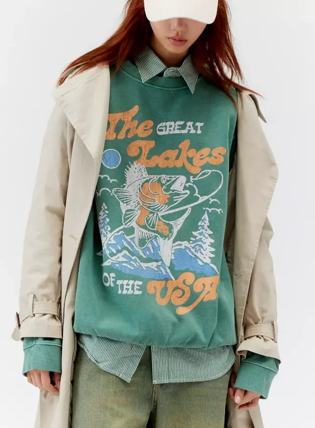 Retro Baskılı Yeşil Sweatshirt